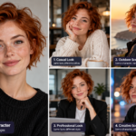 AI character consistency example showing the same red-haired woman in five different scenes