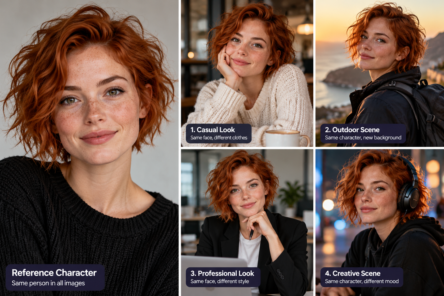 AI character consistency example showing the same red-haired woman in five different scenes