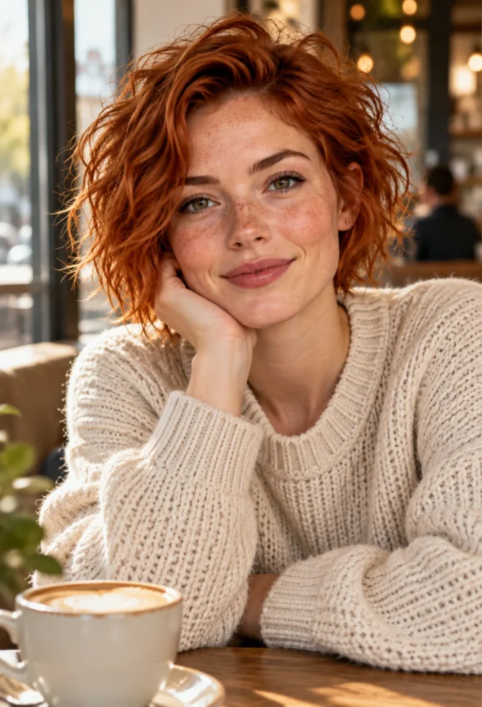 AI-generated red-haired woman with freckles wearing a cream sweater in a café