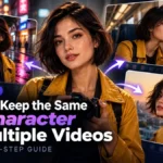The same AI character in multiple video scenes, including a neon city, train journey, and rooftop