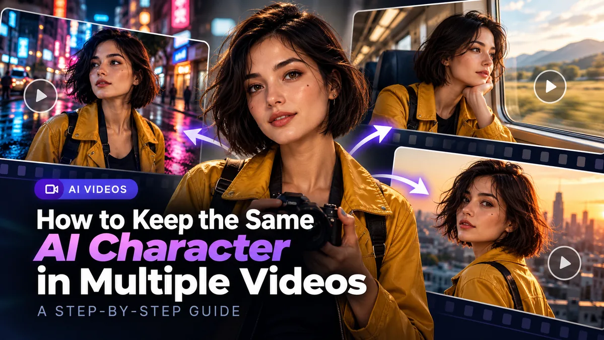 The same AI character in multiple video scenes, including a neon city, train journey, and rooftop