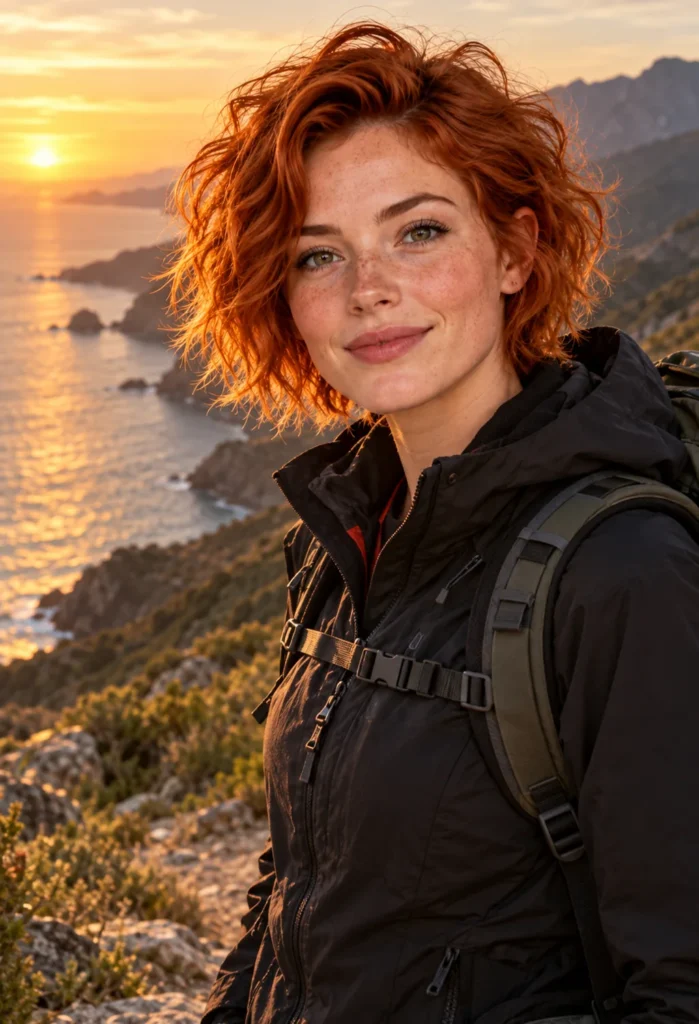 AI-generated red-haired woman with freckles wearing a hiking jacket and backpack on a coastal trail at sunset