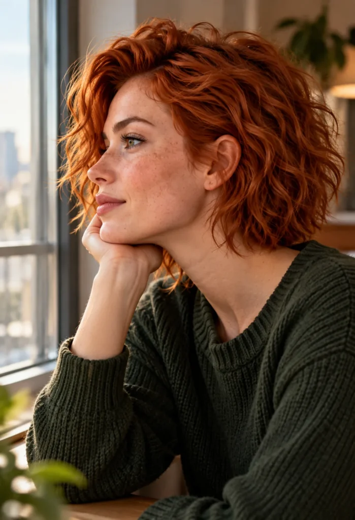 AI-generated side-profile portrait of a freckled red-haired woman in a dark green sweater looking toward a window