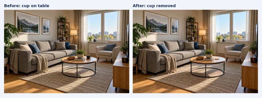 Before and after removing a coffee cup from a wooden table with ChatGPT image editing
