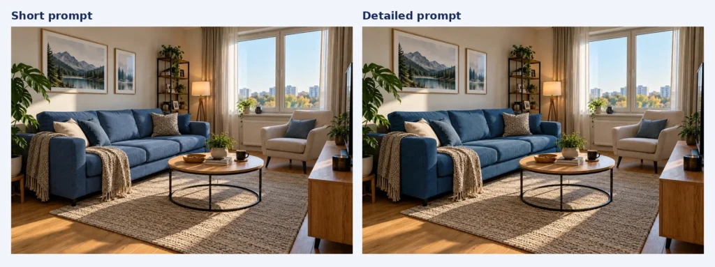 Comparison of ChatGPT sofa recoloring results from short and detailed image editing prompts