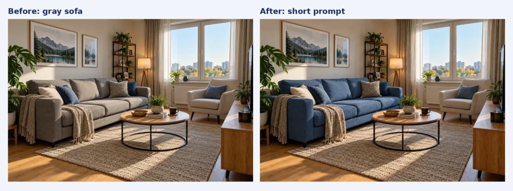 Before-and-after comparison of gray sofa recolored blue by ChatGPT using a short prompt
