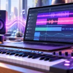 Illustration of AI-generated music and sound effects being added to a video editing timeline