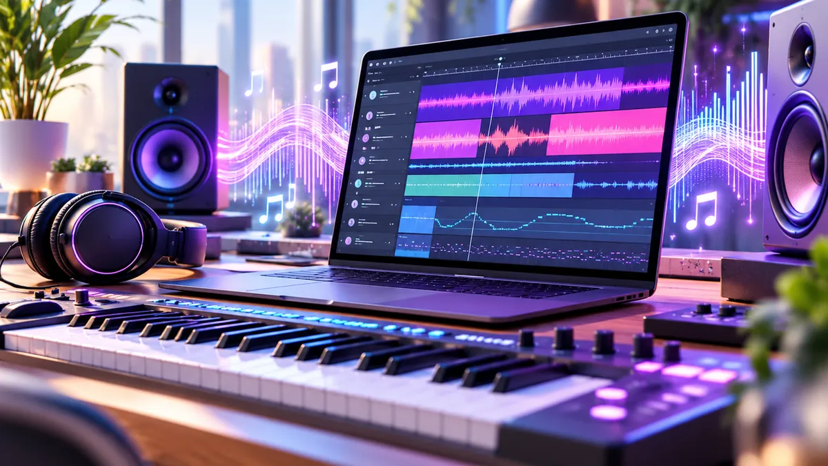 Illustration of AI-generated music and sound effects being added to a video editing timeline