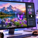 Illustration of AI image editing with a selected butterfly on a computer screen