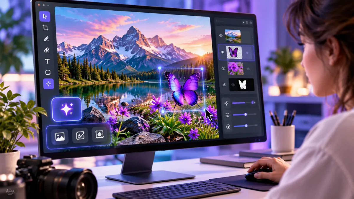 Illustration of AI image editing with a selected butterfly on a computer screen
