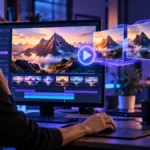 Illustration of AI video generation and editing with a mountain scene and video timeline