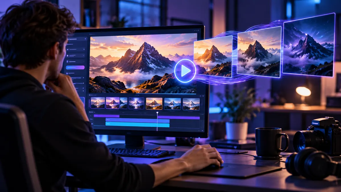 Illustration of AI video generation and editing with a mountain scene and video timeline